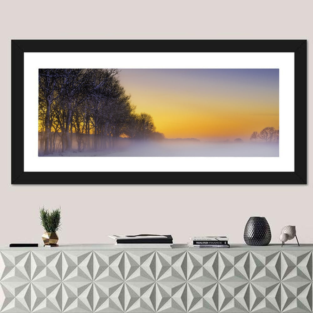 Winter Fog at Sunset Wall Art in a room, panoramic