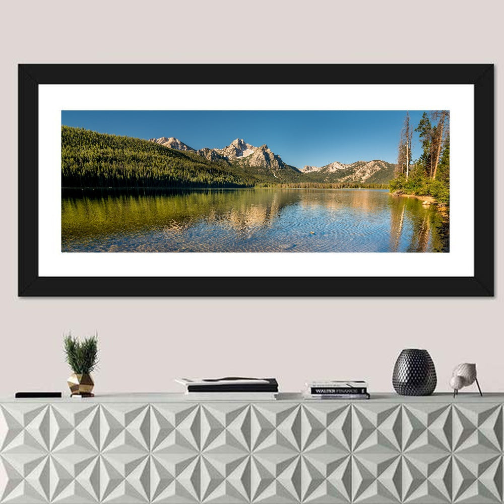 Morning Light at Stanley Lake Wall Art in a room, panoramic