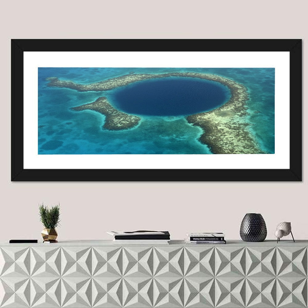 Great Blue Hole Aerial View Belize Wall Art in a room, panoramic