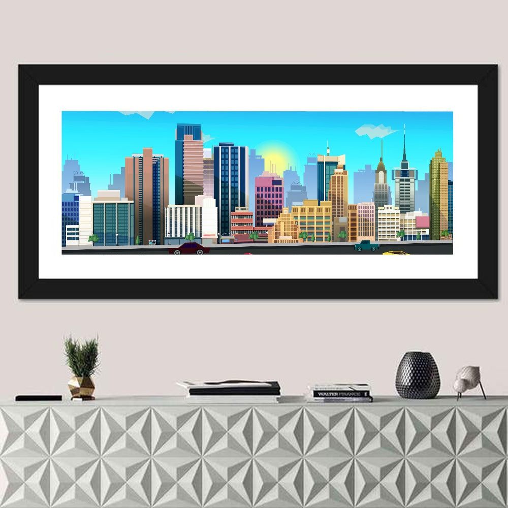 Geometric City Skyline with Sun Flare Wall Art in a room, panoramic