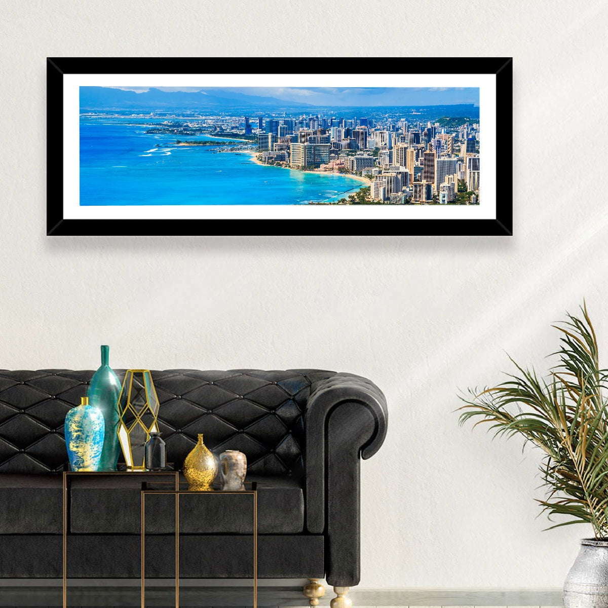 Honolulu Skyline Wall Art in a room, panoramic