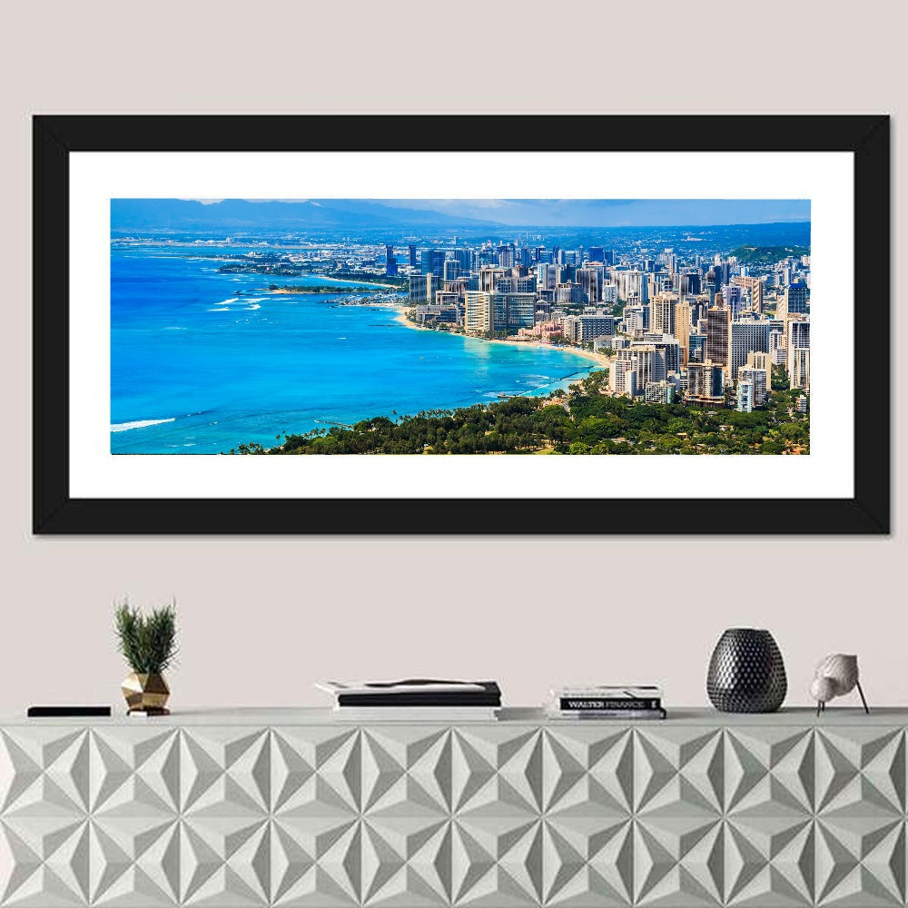 Honolulu Skyline Wall Art in a room, panoramic