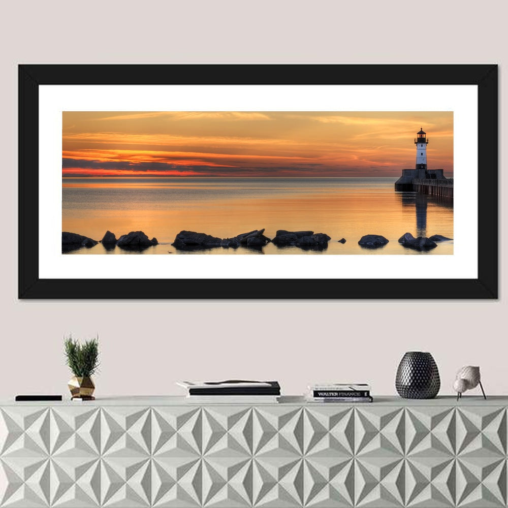 Duluth North Pier Lighthouse Sunset Wall Art in a room, panoramic