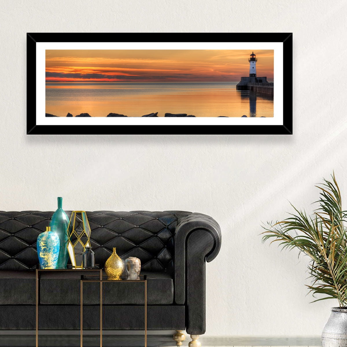 Duluth North Pier Lighthouse Sunset Wall Art in a room, panoramic