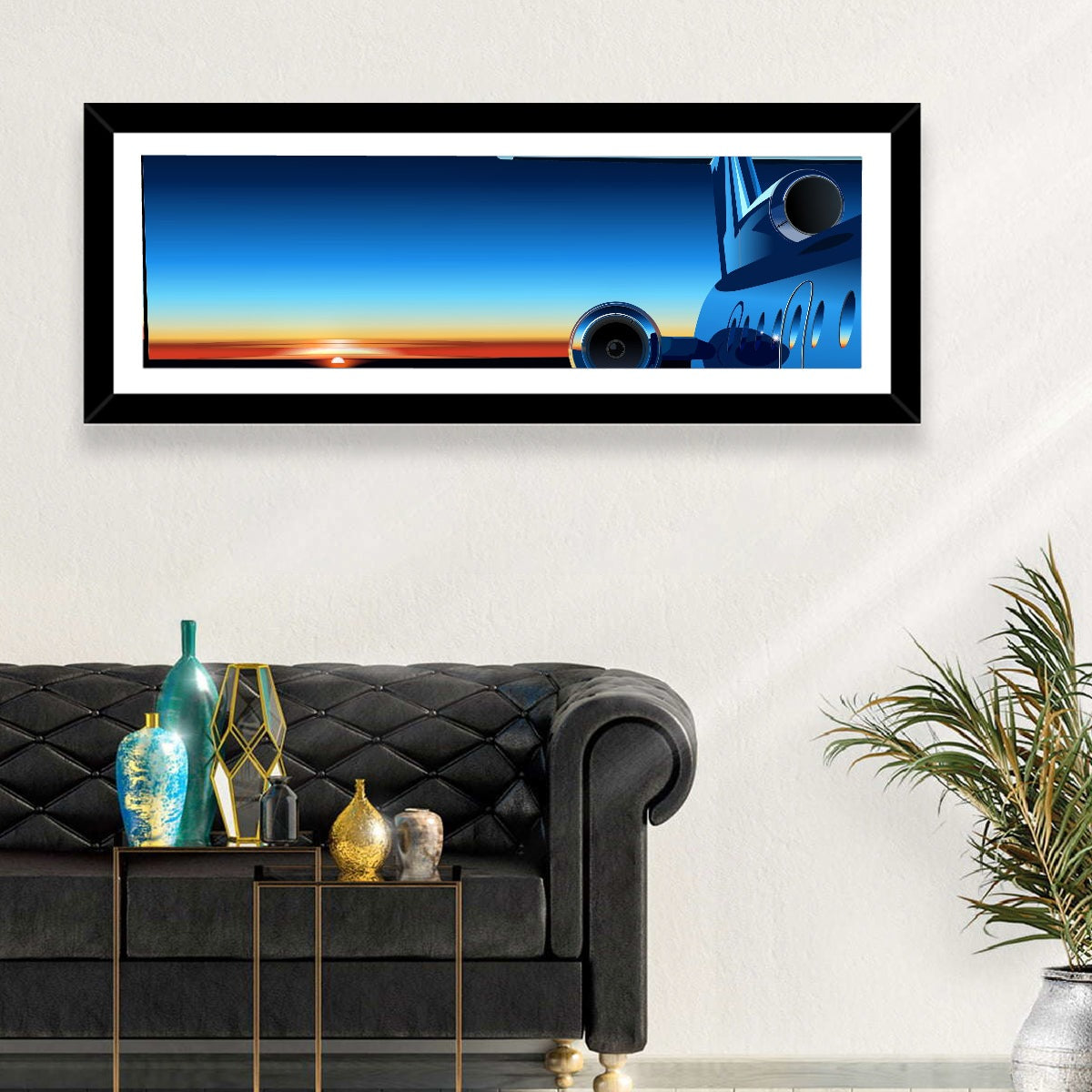 Private Jet Sunrise Wall Art in a room, panoramic
