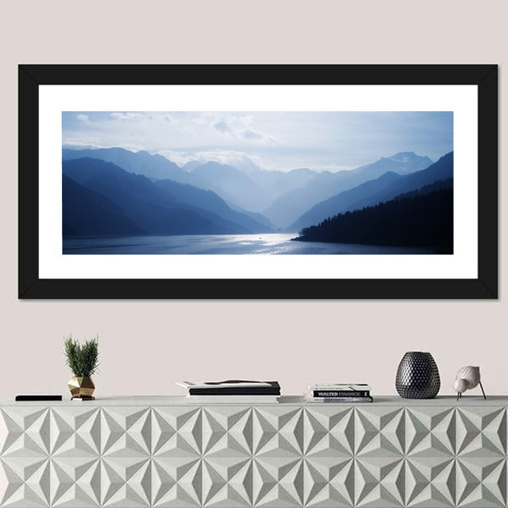 Xinjiang Lakeshore Serenity Wall Art in a room, panoramic