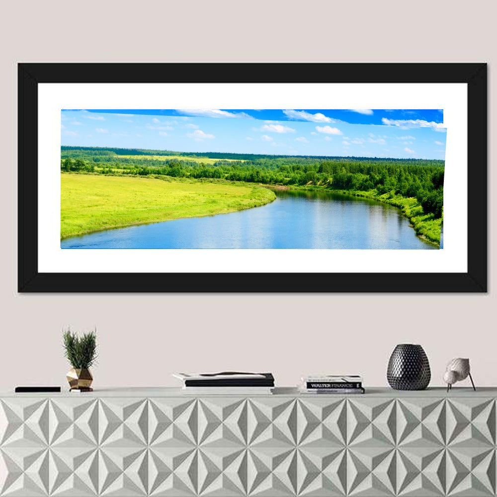 Blue River Meadow Wall Art in a room, panoramic