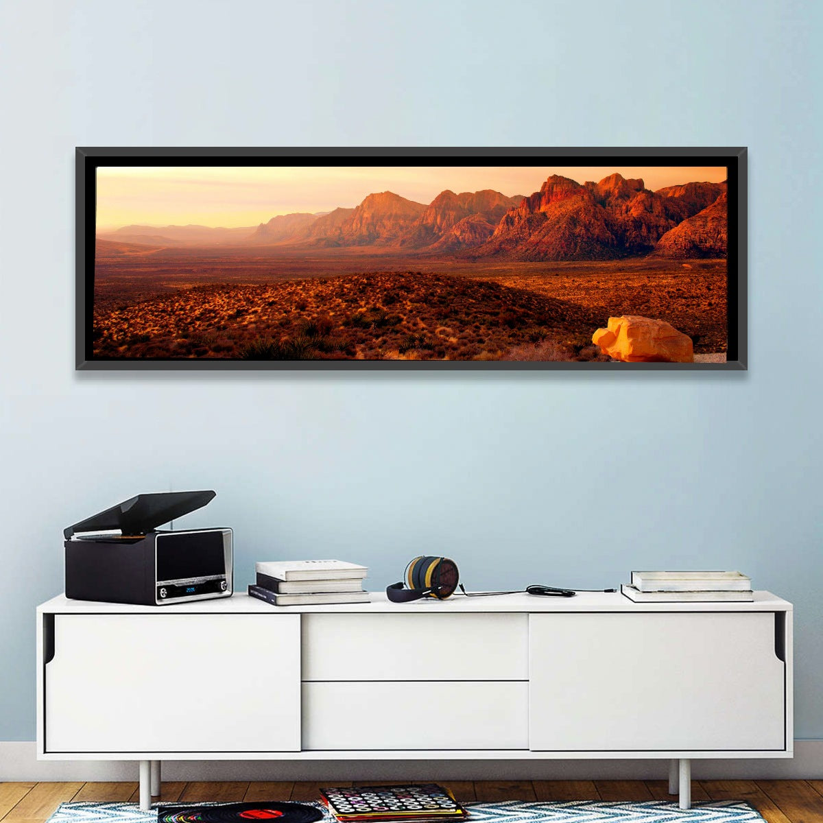 Red Rock Canyon Sunset Wall Art in a room, panoramic
