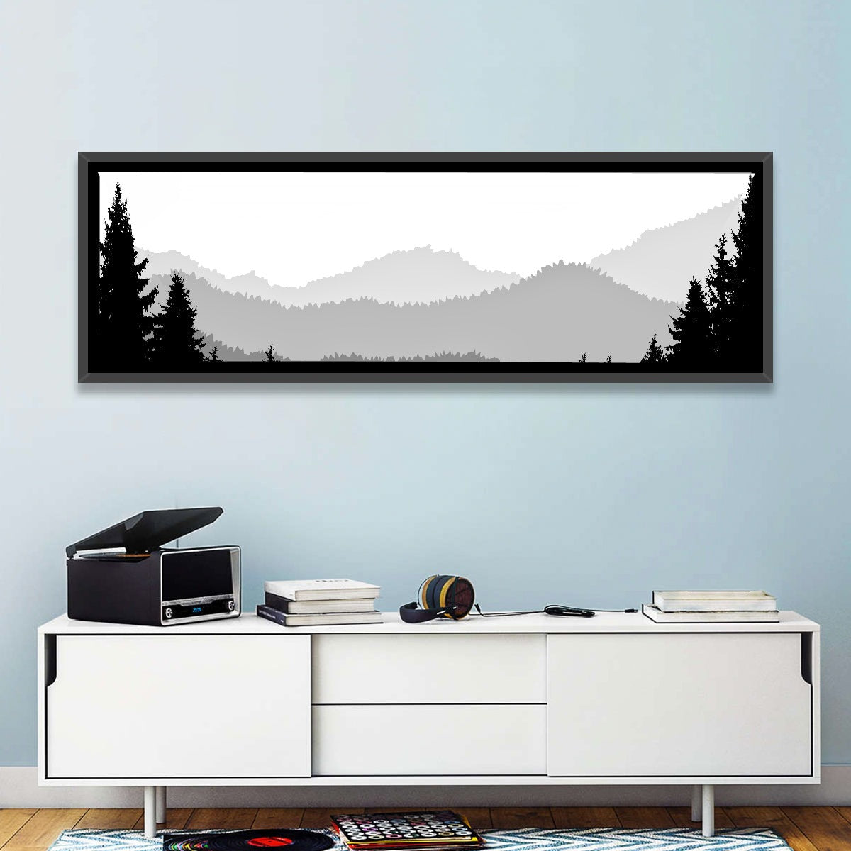 Foggy Mountain Silhouettes Wall Art in a room, panoramic