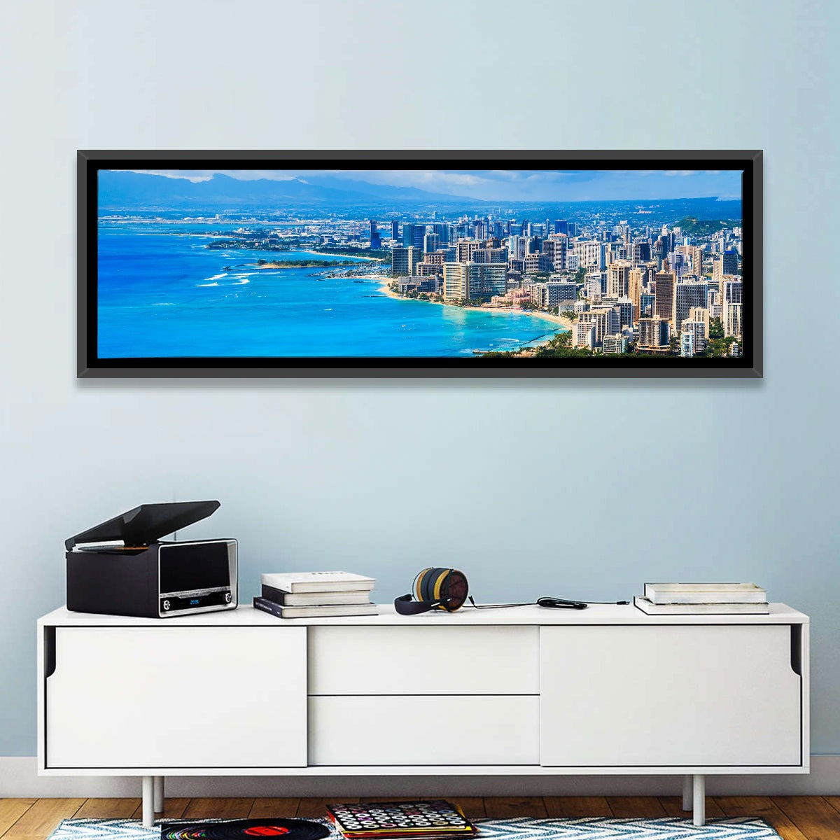 Honolulu Skyline Wall Art in a room, panoramic