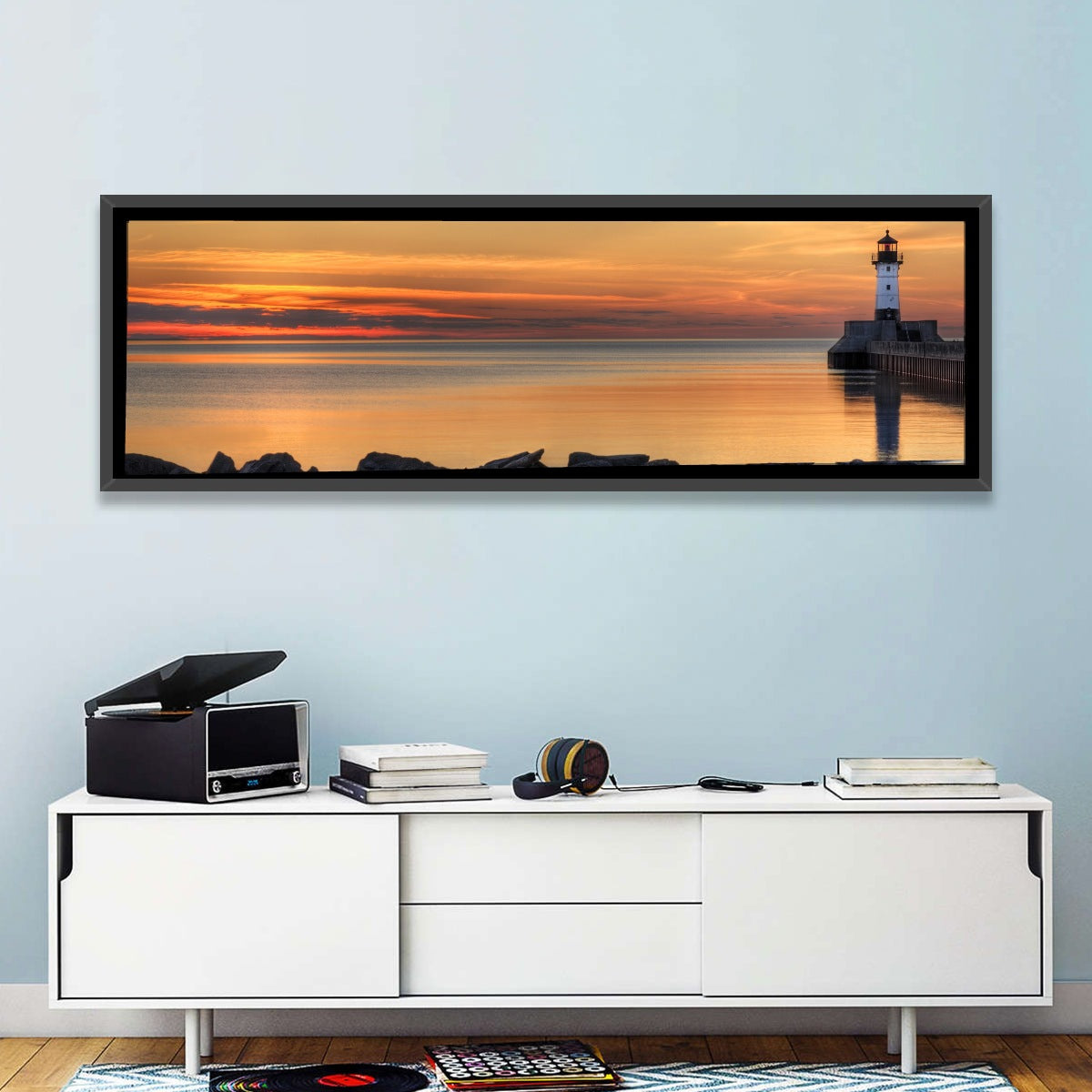Duluth North Pier Lighthouse Sunset Wall Art in a room, panoramic