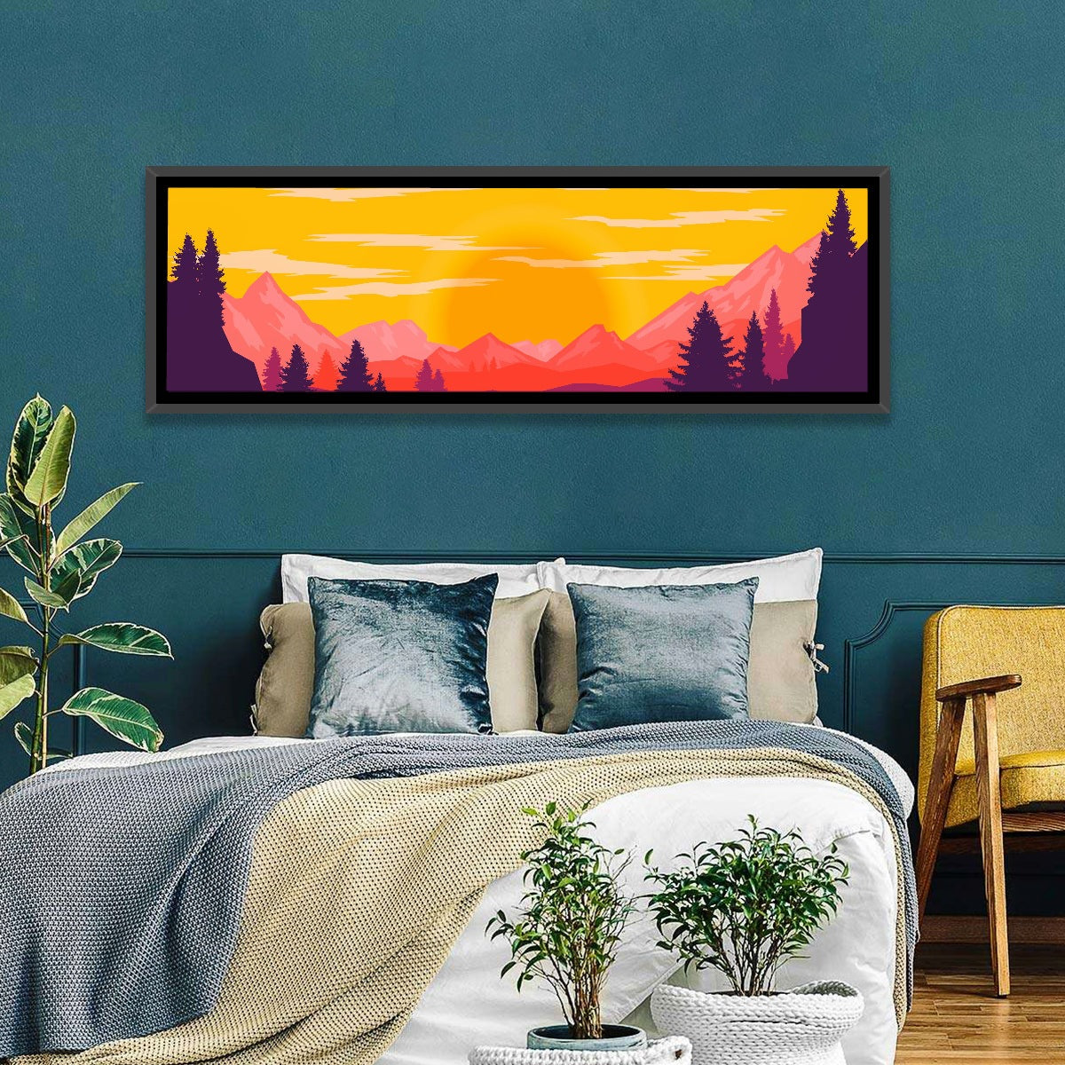 Crimson Peaks at Sunset Wall Art in a room, panoramic