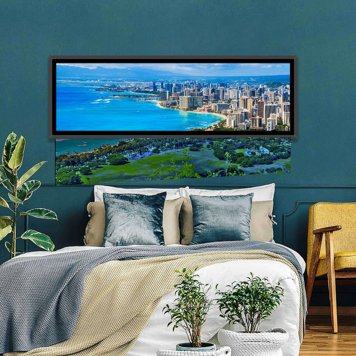 Honolulu Skyline Wall Art in a room, panoramic