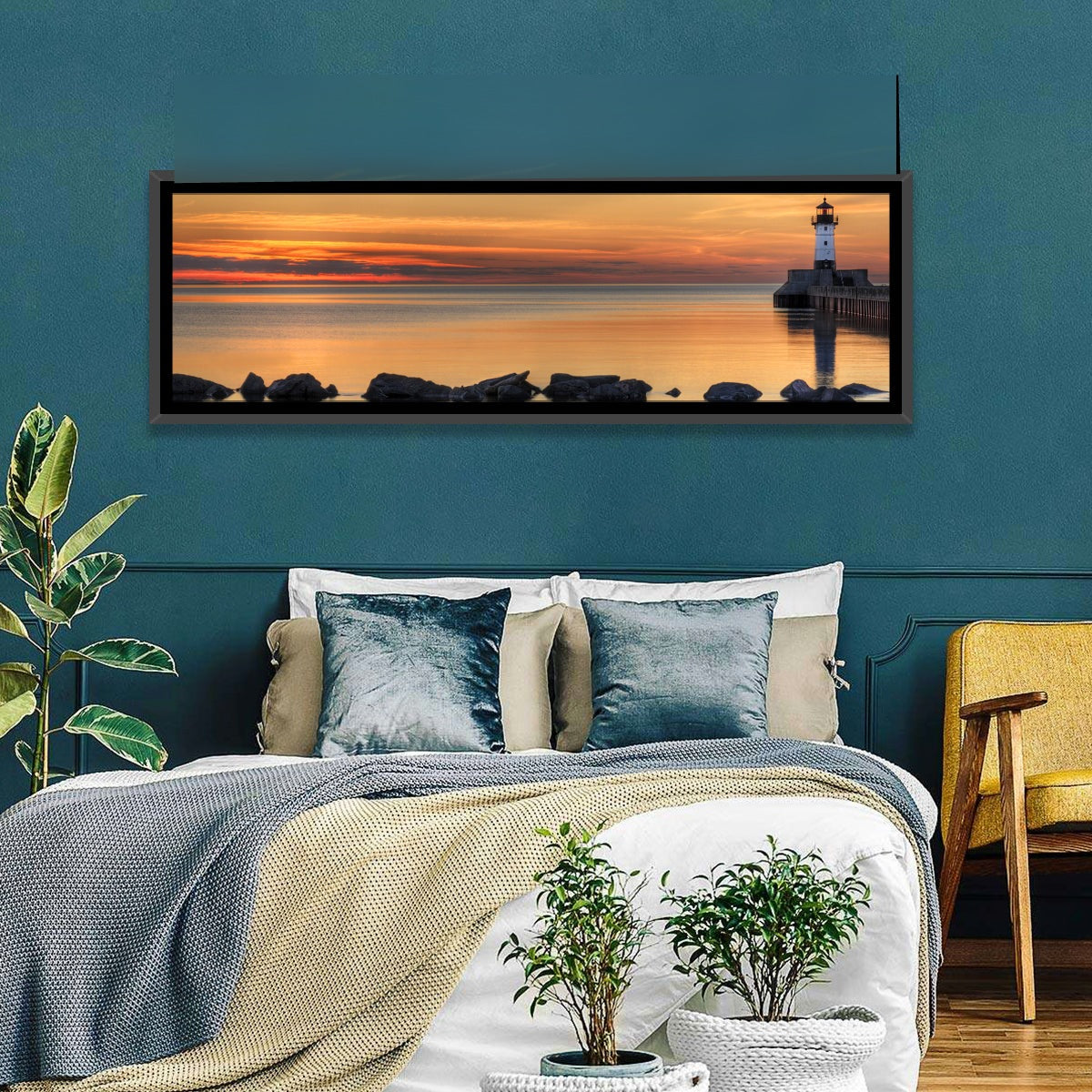 Duluth North Pier Lighthouse Sunset Wall Art in a room, panoramic