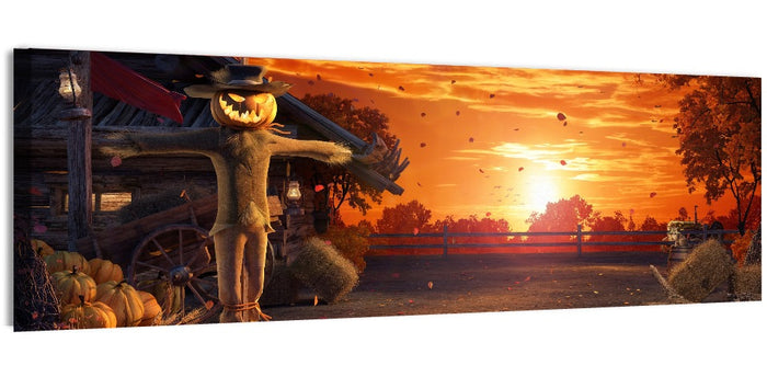 Glowing Pumpkin Scarecrow at Dusk Wall Art as a canvas print