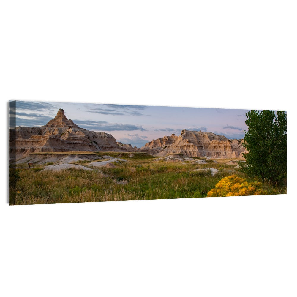 Badlands Golden Hour Meadow Wall Art, canvas print, panoramic