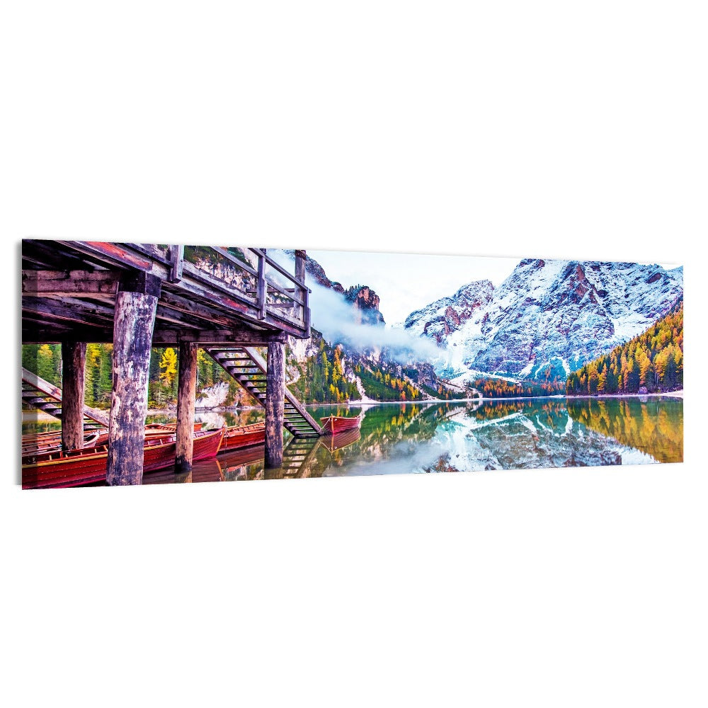 Lago Di Braies Boathouse Wall Art, canvas print, panoramic