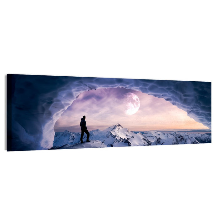 Moonlit Ice Cave Hiker Wall Art as a canvas print