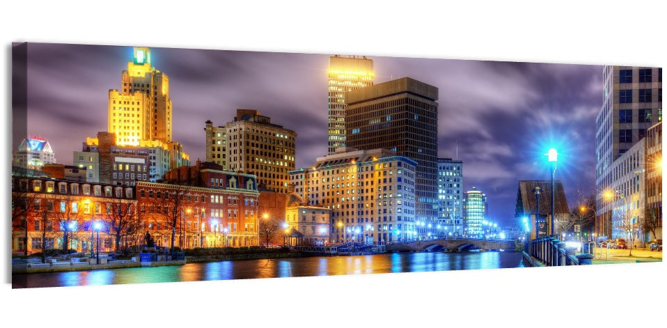 Providence River Night Skyline Wall Art, canvas print, panoramic