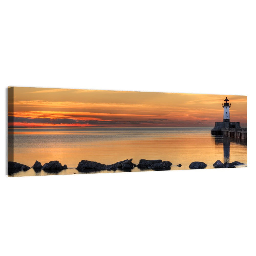 Duluth North Pier Lighthouse Sunset Wall Art, canvas print, panoramic
