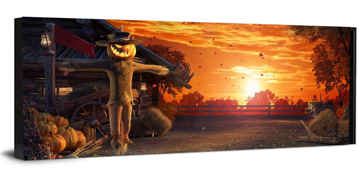Glowing Pumpkin Scarecrow at Dusk Wall Art as a framed canvas
