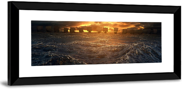 Viking Longships at Sunset Wall Art as a framed print