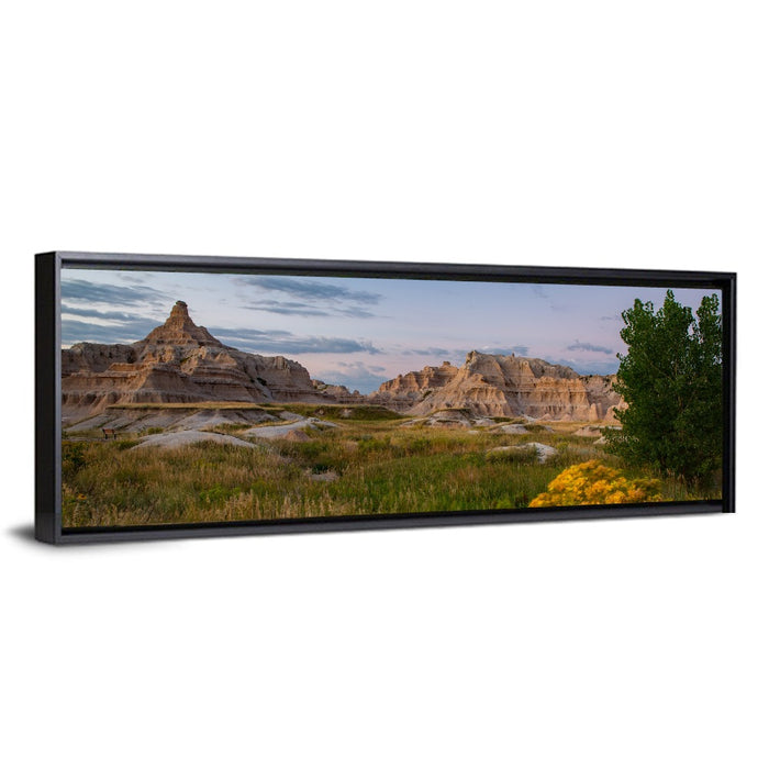 Badlands Golden Hour Meadow Wall Art as a framed canvas