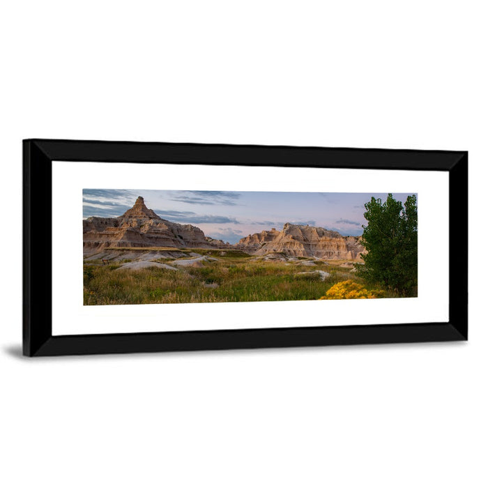 Badlands Golden Hour Meadow Wall Art as a framed print