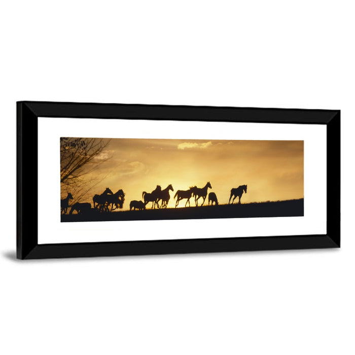 Mustang Silhouettes at Sunset Wall Art as a framed print