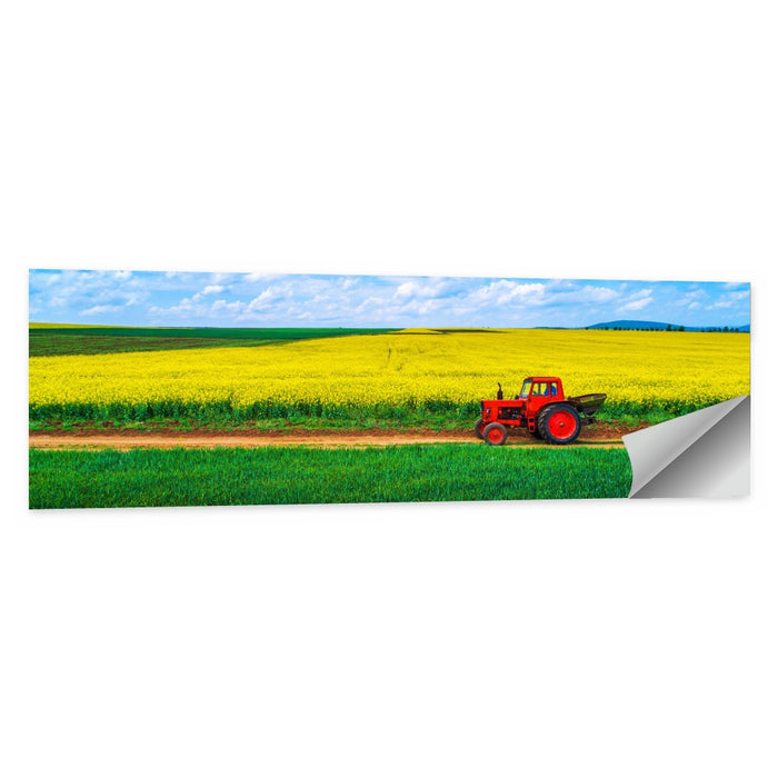 Red Tractor Over Yellow Rapeseed Field Wall Art as a poster print