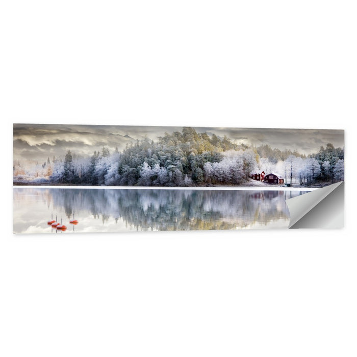 Red Cottage by a Frozen Lake Wall Art as a poster print