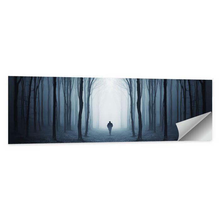 Lone Figure in Misty Forest Wall Art as a poster print
