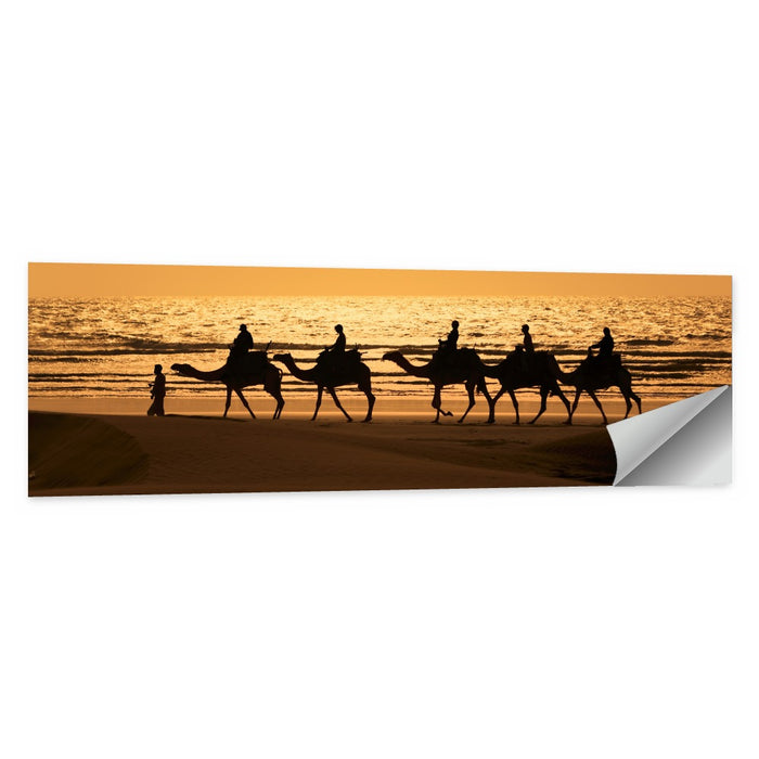 Camel Caravan Silhouette on Wet Sand Wall Art as a poster print