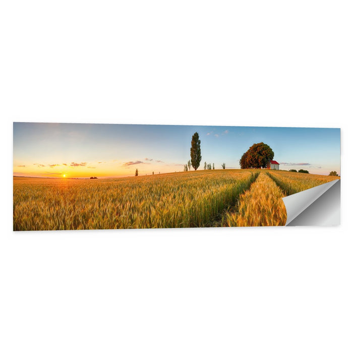 Sunset Wheat Field with Red Roof Cottage Wall Art as a poster print