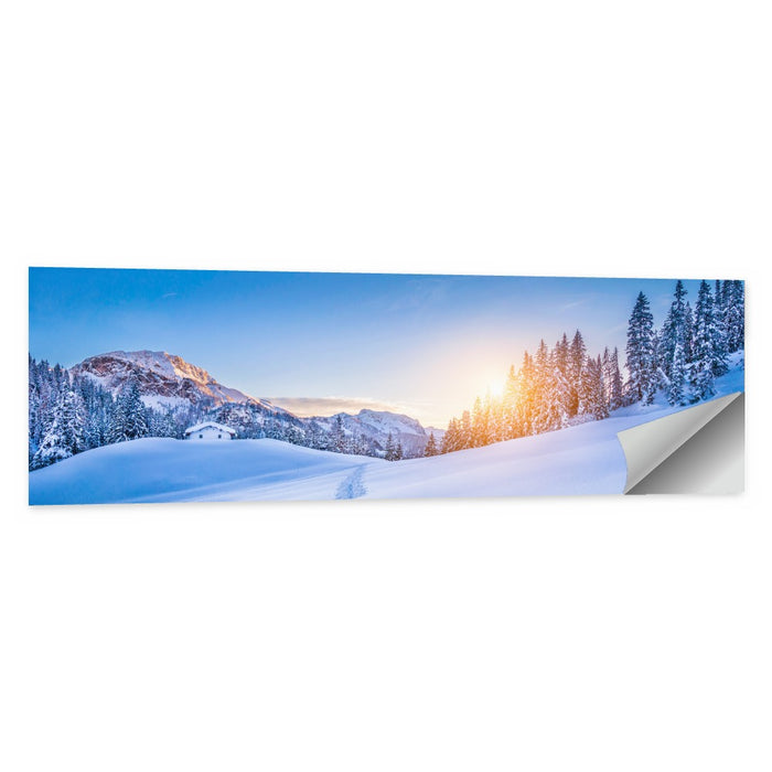 Snowy Mountain Chalet Sunset Wall Art as a poster print