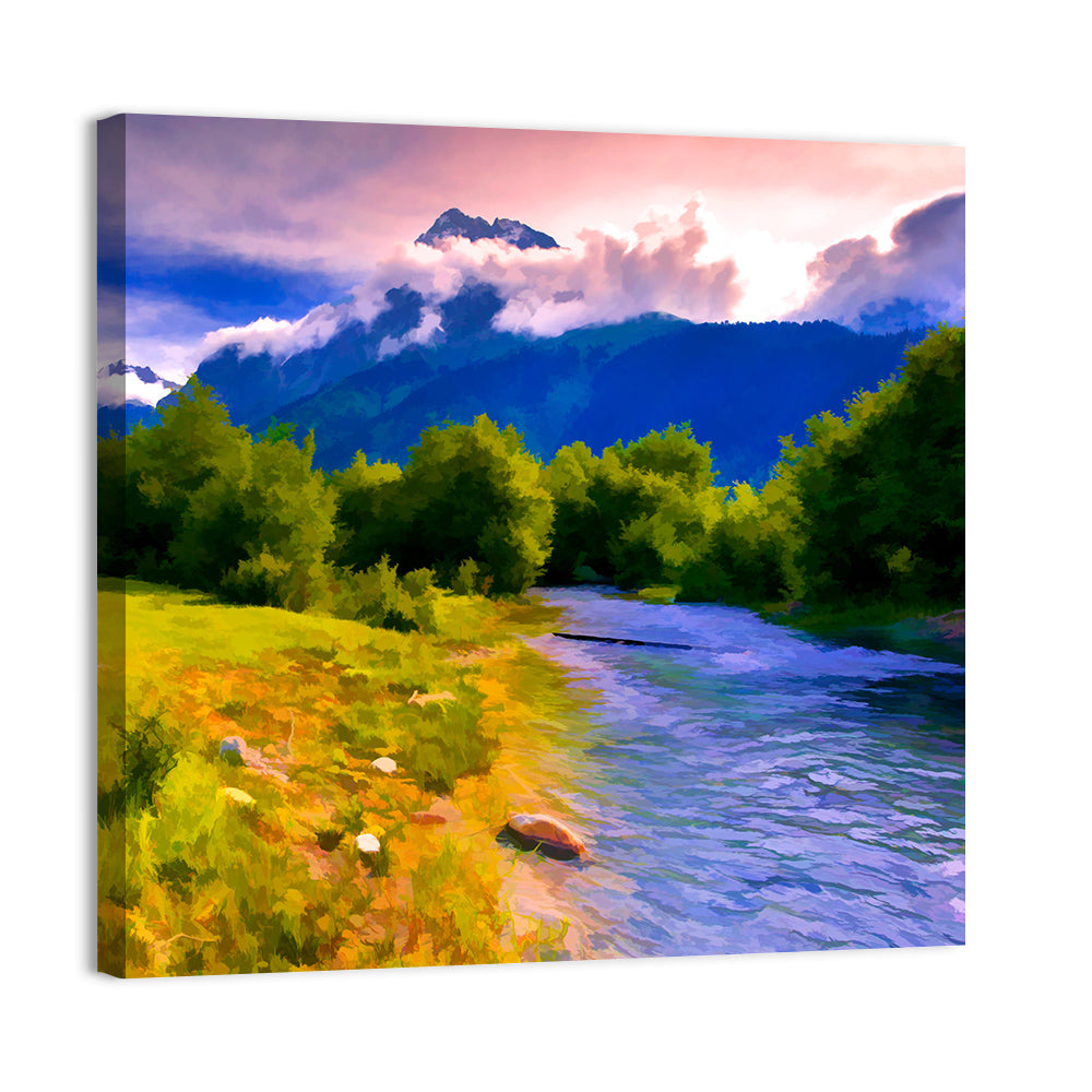 Mountain River Through Meadow Wall Art