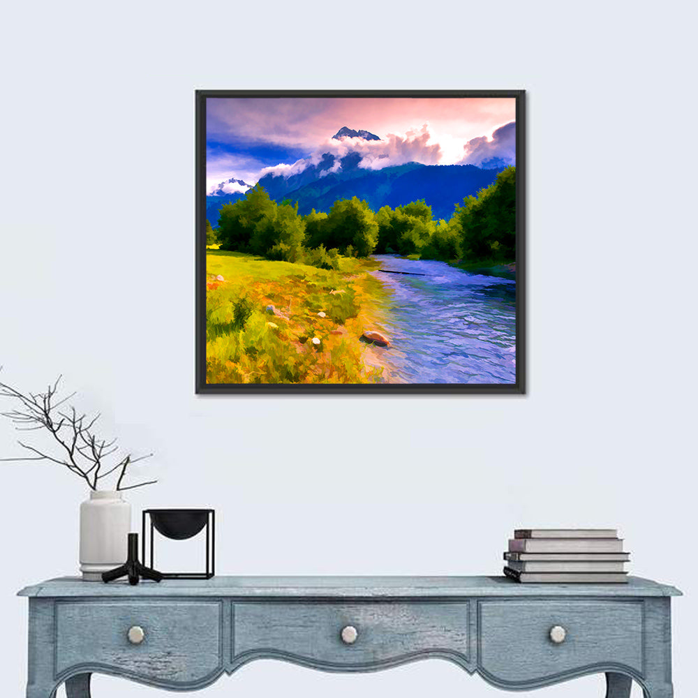 Mountain River Through Meadow Wall Art in a room, square