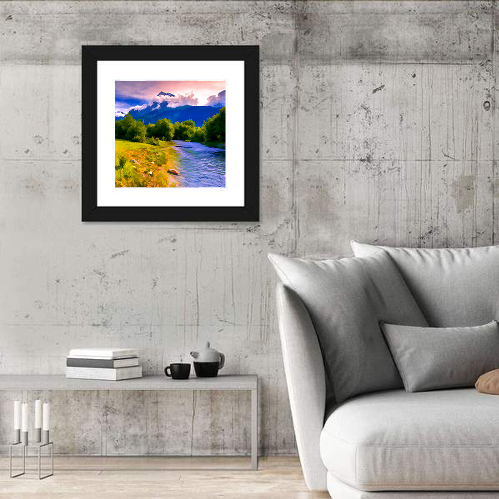 Mountain River Through Meadow Wall Art in a room, square