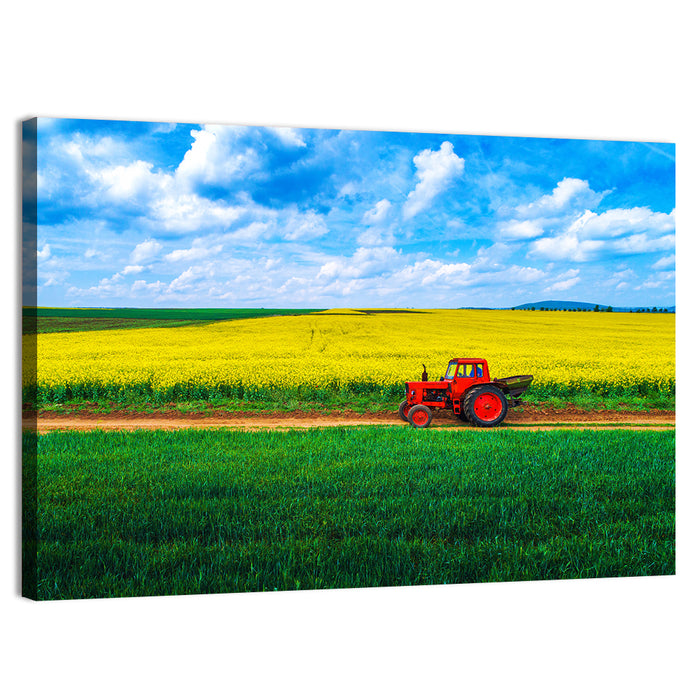 Red Tractor Over Yellow Rapeseed Field Wall Art as a canvas print