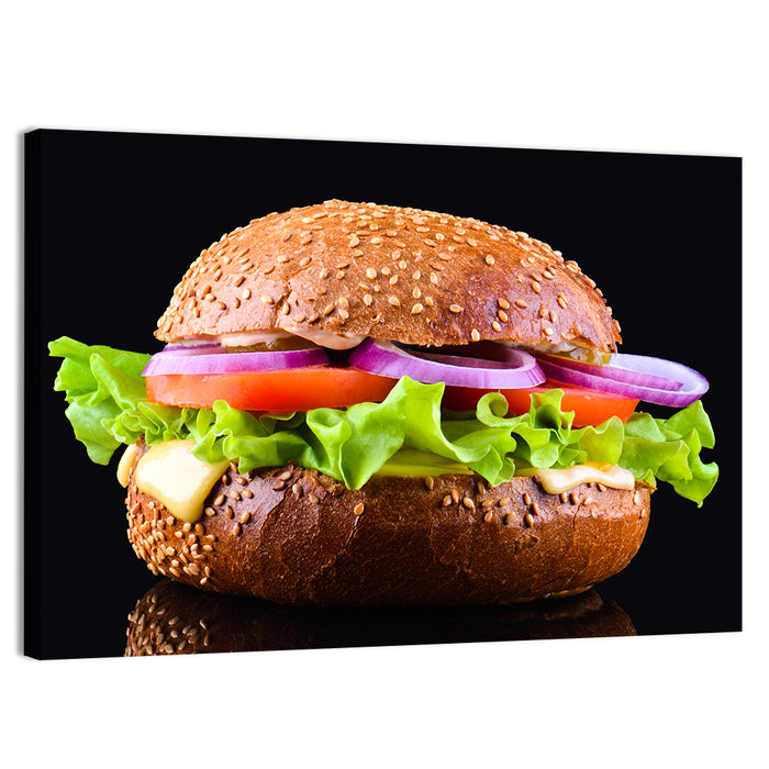Sesame Bun Vegetarian Burger Wall Art as a canvas print