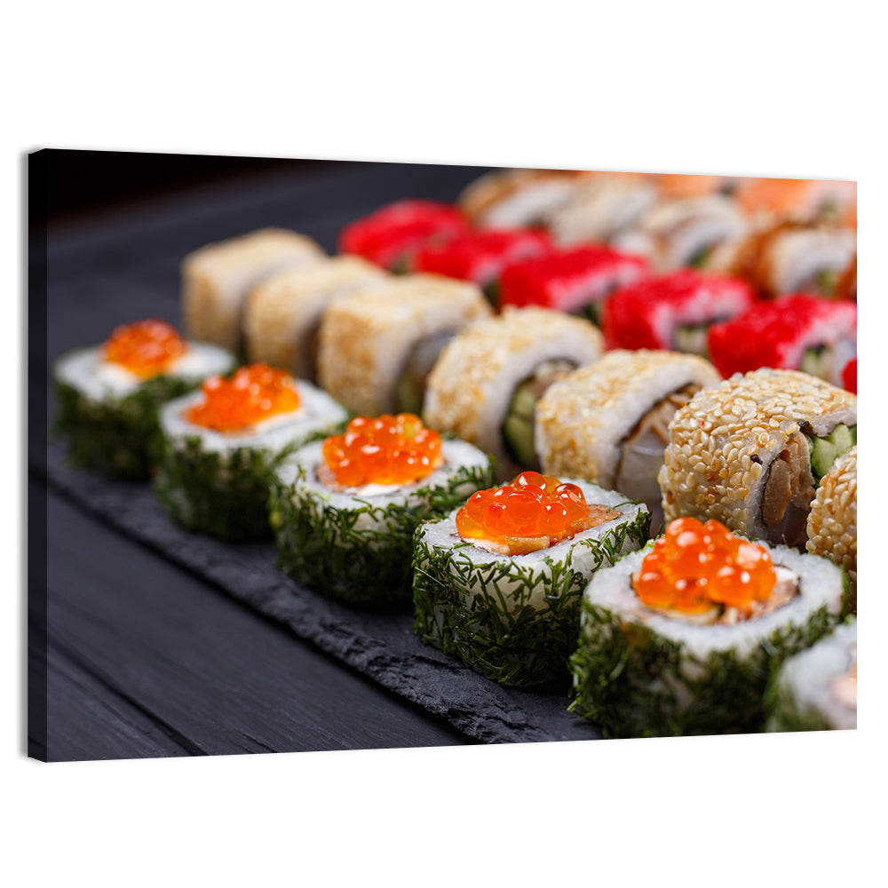 Sushi Rolls with Salmon Roe Wall Art, canvas print, landscape