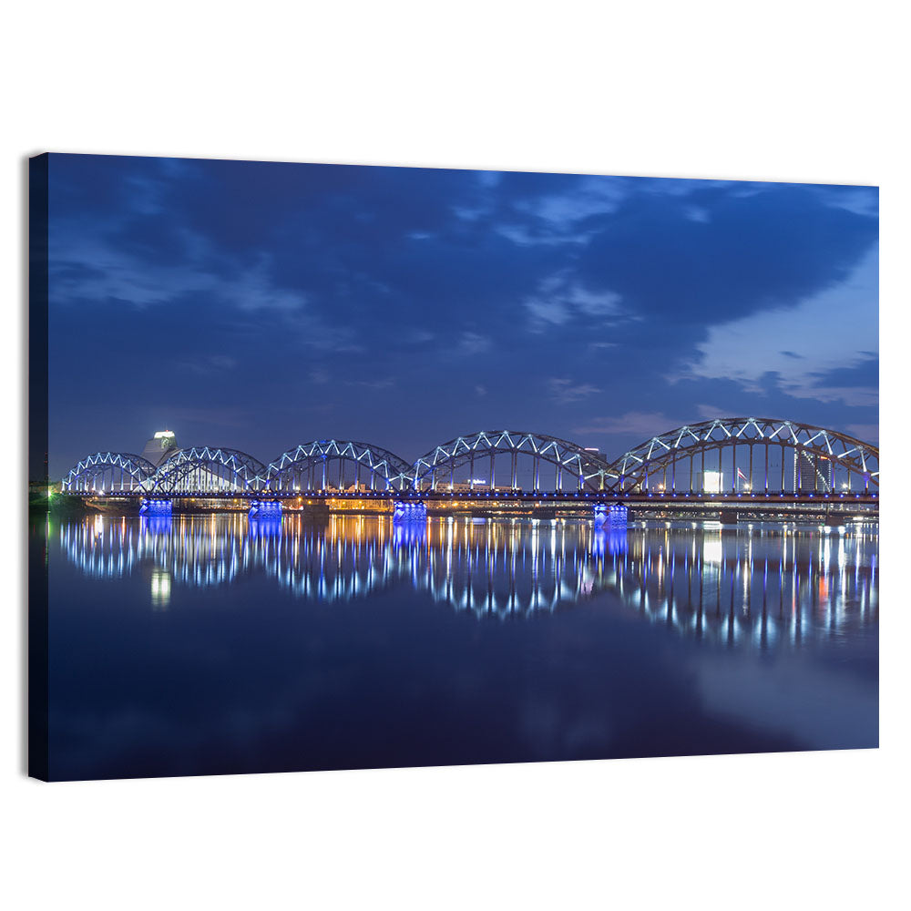 Riga Railway Bridge at Night Wall Art, canvas print, landscape