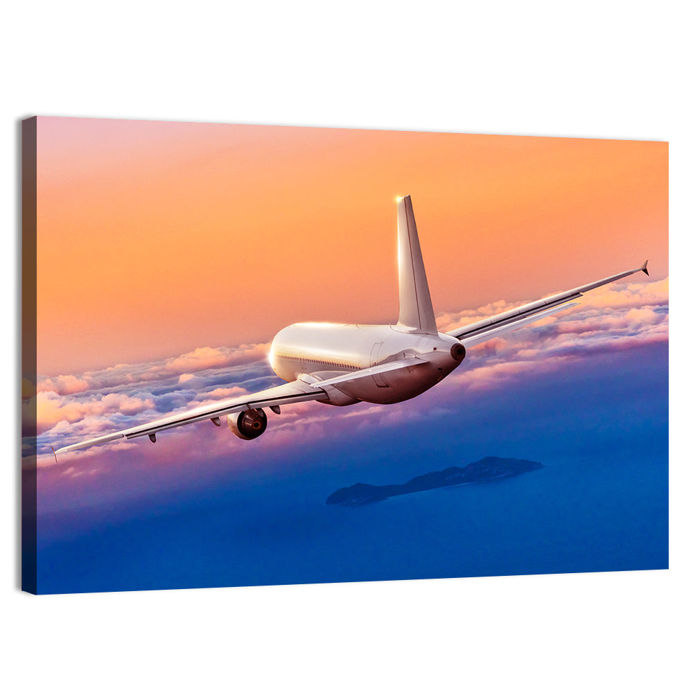 Airplane Over Clouds at Sunset Wall Art