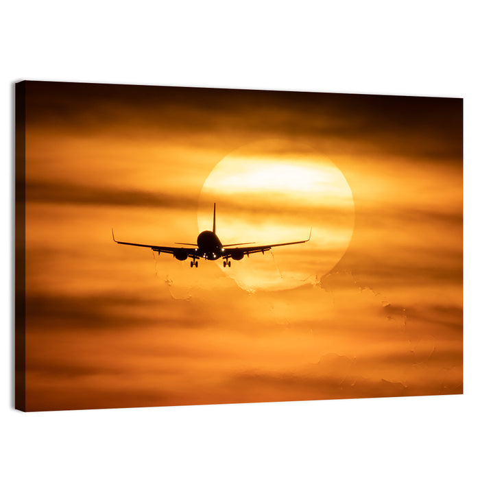 Airplane Silhouette at Golden Sunset Wall Art as a canvas print