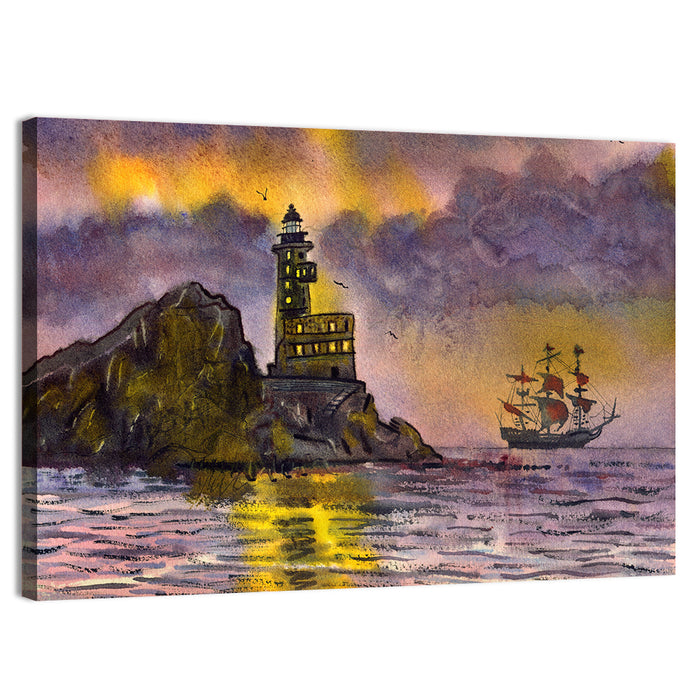 Lighthouse and Sailing Ship at Dusk Wall Art as a canvas print