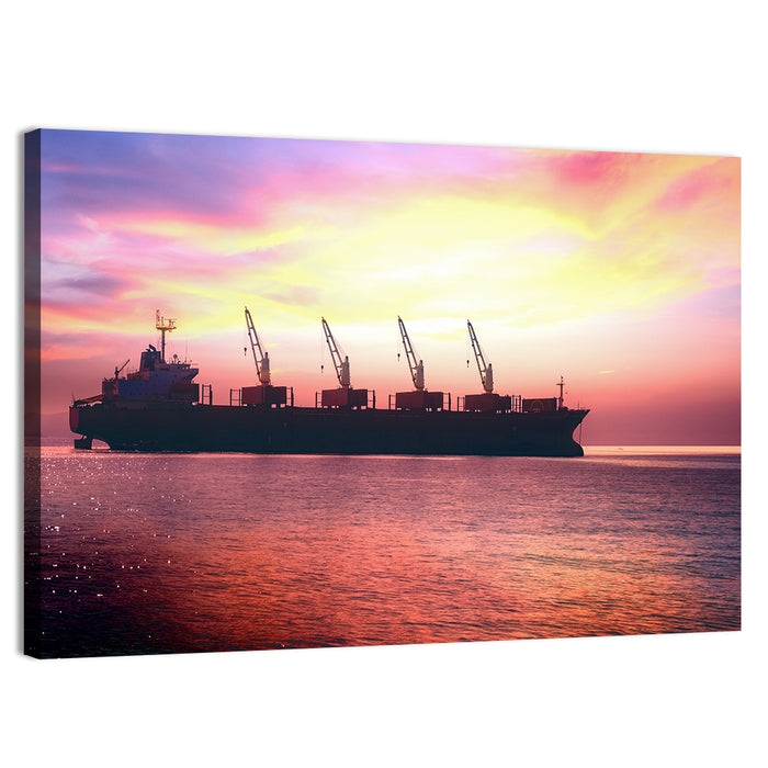Sunset Cargo Ship Silhouette Wall Art as a canvas print