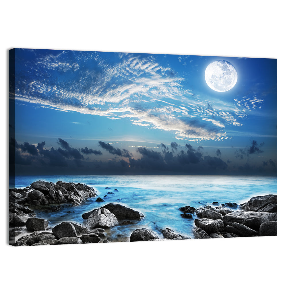 Moonlit Tropical Bay with Rocky Coast Wall Art, canvas print, landscape