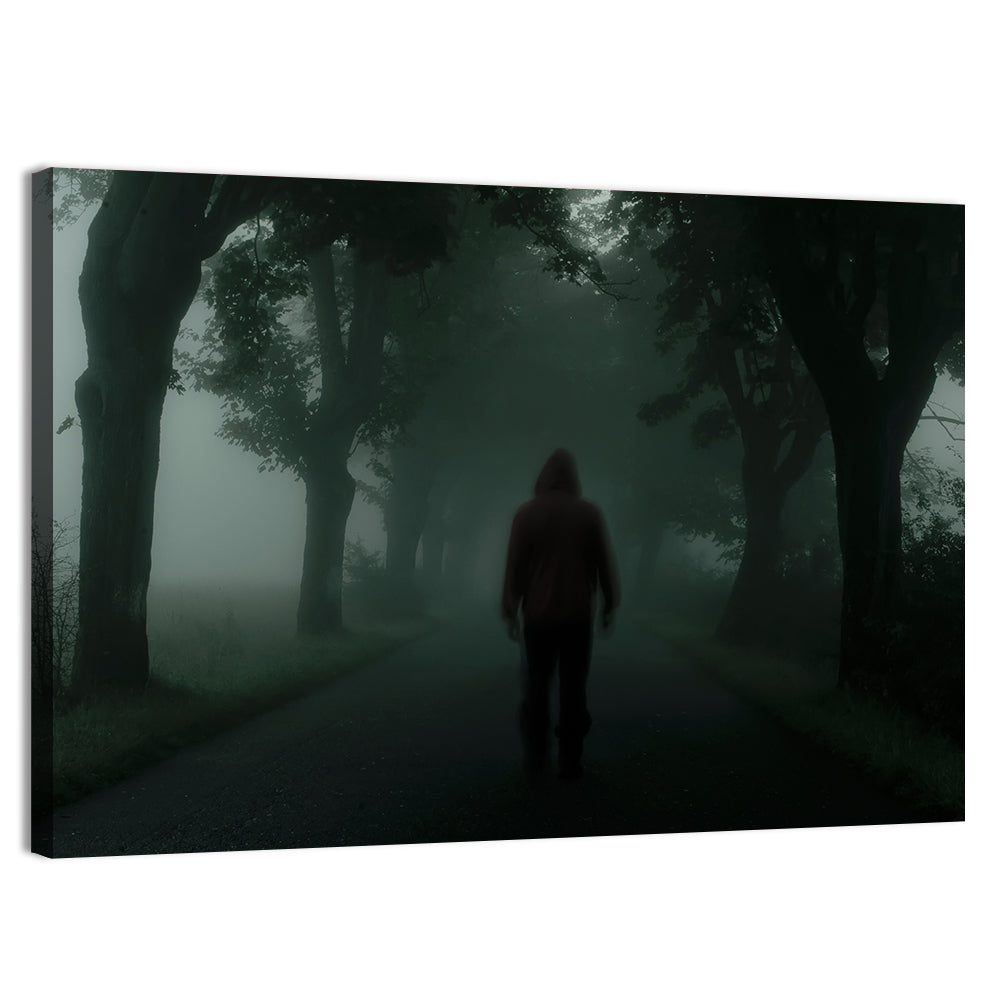 Hooded Silhouette on Foggy Forest Road Wall Art, canvas print, landscape