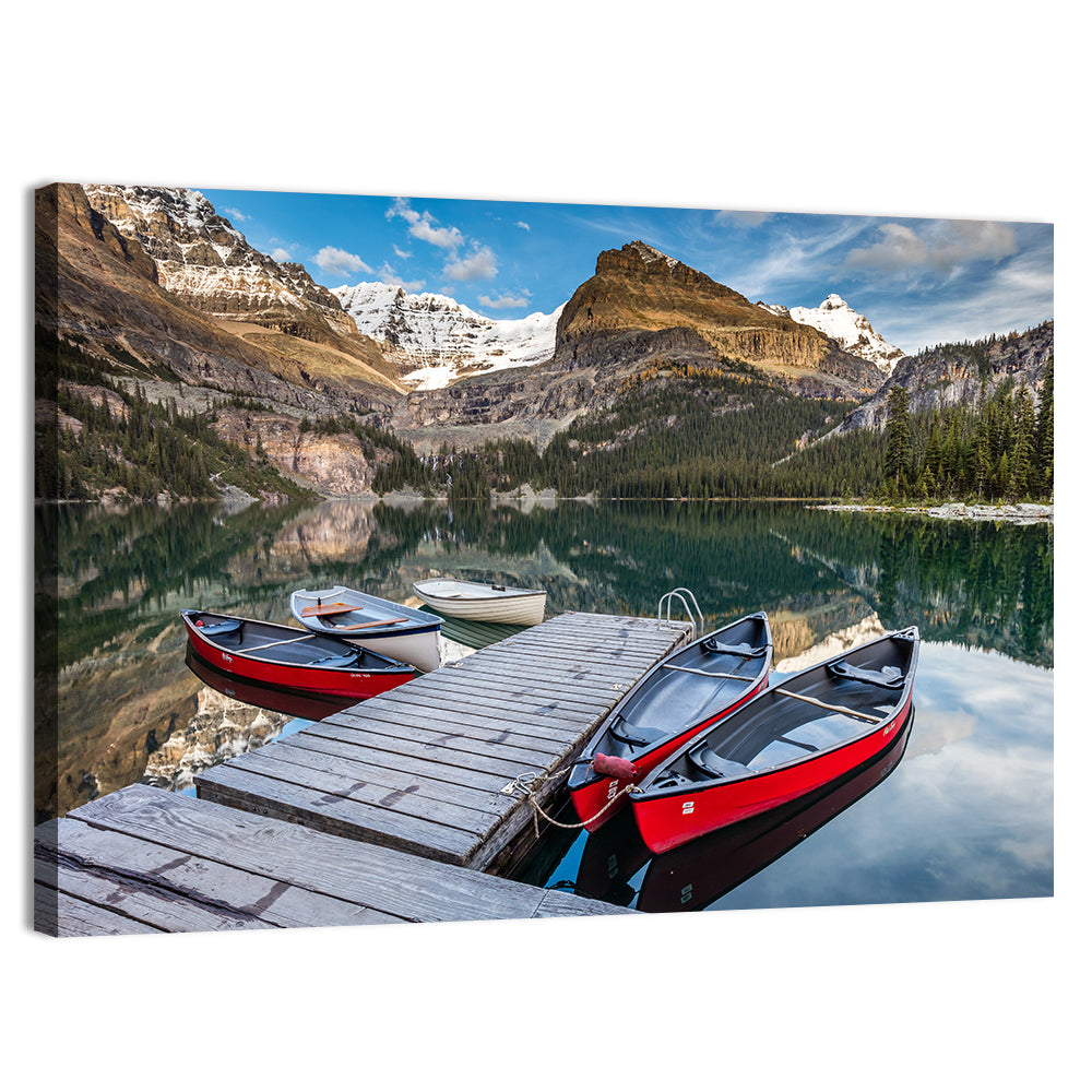 Canadian Rockies Lake with Red Canoes Wall Art, canvas print, landscape