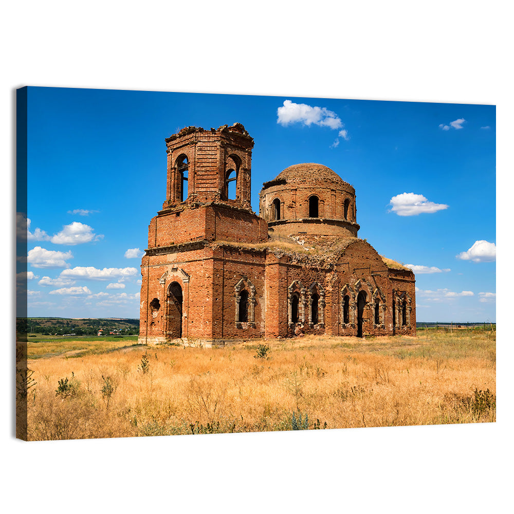 Sunlit Ruined Orthodox Cathedral Wall Art, canvas print, landscape